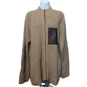 Oakley XL Ribbed Knit Beige Sweater With Leather Accent Zipper Pocket & Elbow Pa